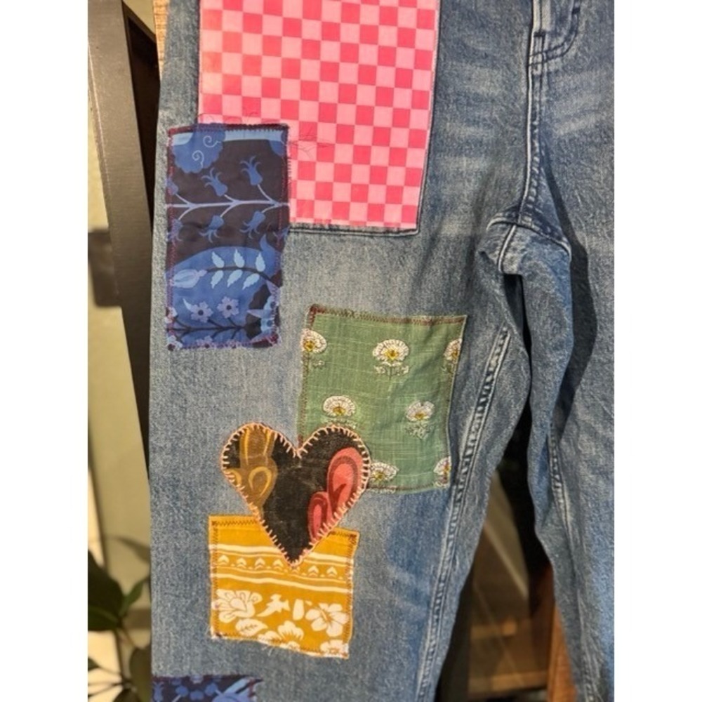 Unique upcycled Bird Patchwork Straight Leg Jeans Eclectic Boho Denim 14/32 - Picture 4 of 14